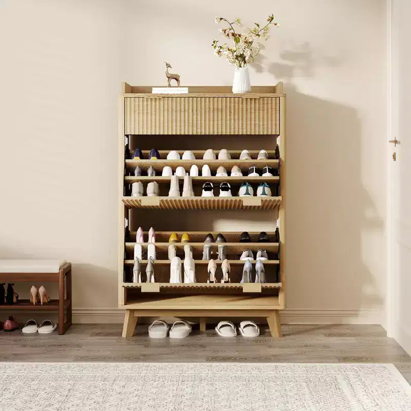 Fluted Shoe Storage Cabinet With 2 Flip Drawers, 48H Freestanding Hidden Shoe Organizer, Narrow Shoe Rack Cabinet For Hallway Living Room