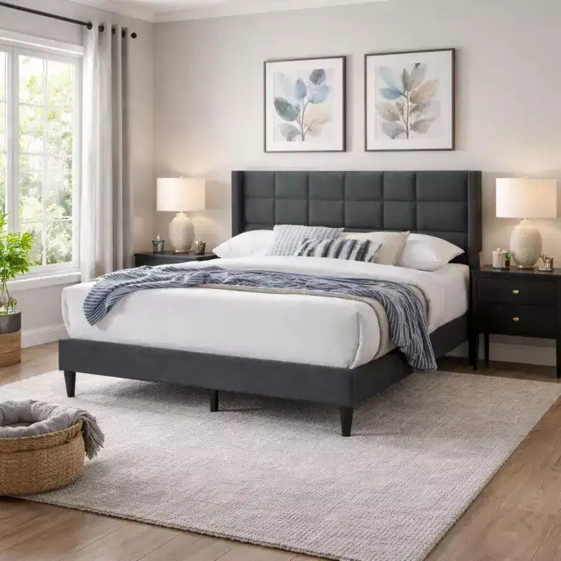 GDFStudio Lucas Modern Velvet Upholstered Platform Bed with Headboard