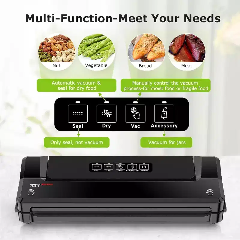 Bonsenkitchen Multi-Functional Food Vacuum Sealer with Globefish Technology for High-Speed Continuous Working, Vacuum Bags & Accessory Hose, Black
