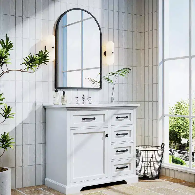 PexFix Bathroom Vanity with Top Ceramic Sink Freestanding Vanity Set 36 Storage Cabinet with Mirror 2 Tip-out Drawers Soft Close Door Hinges White