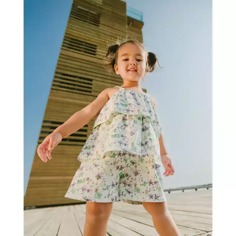 Deux par Deux Girl Jersey Romper with Tiers Green Printed Flowers