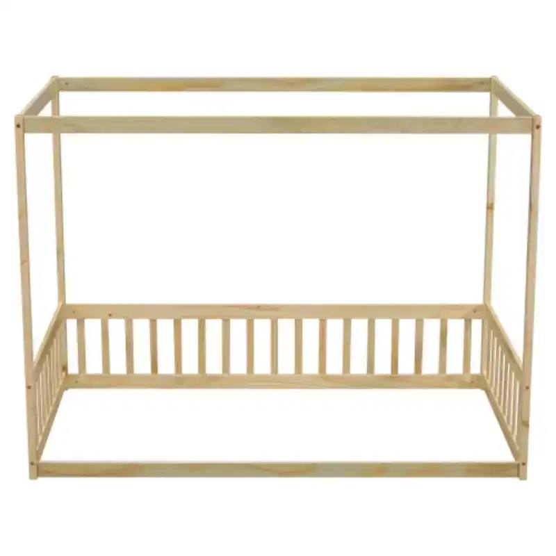 Durable Twin Size Canopy Frame Floor Bed with Fence