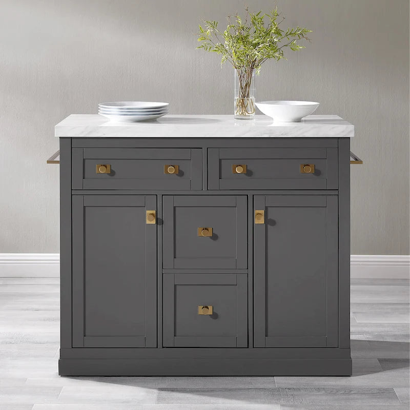 Modern Kitchen Island with Faux Marble Top, 4 Drawers & Brushed Gold Hardware