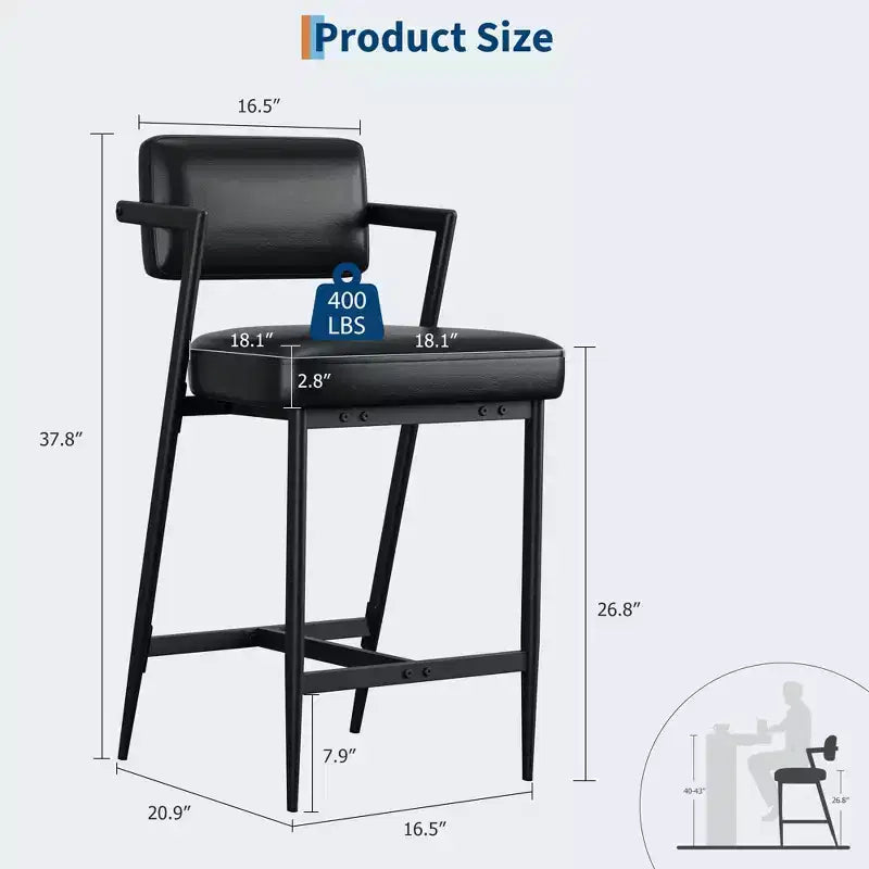 Set of 2 Bar Stools with Thick Cushions, 26.8 Counter Height Stools with Footrest, Upholstered Faux Leather for Kitchen Island or Bar