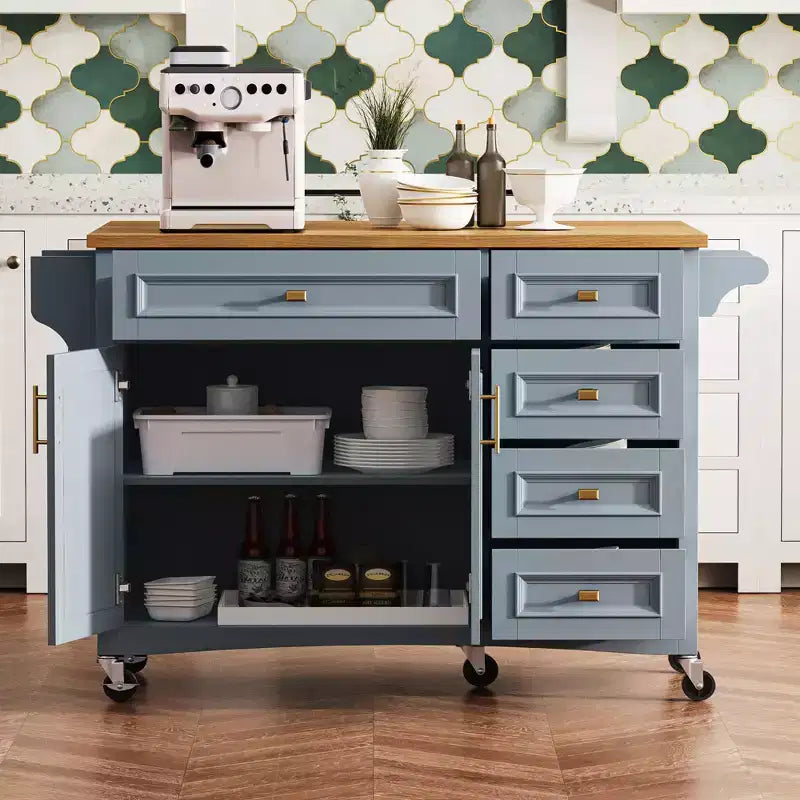 Whisen 52'' Kitchen Island with Drop Leaf, Built-in Racks, Drawers and Adjustable Shelf, Kitchen Island on Wheels