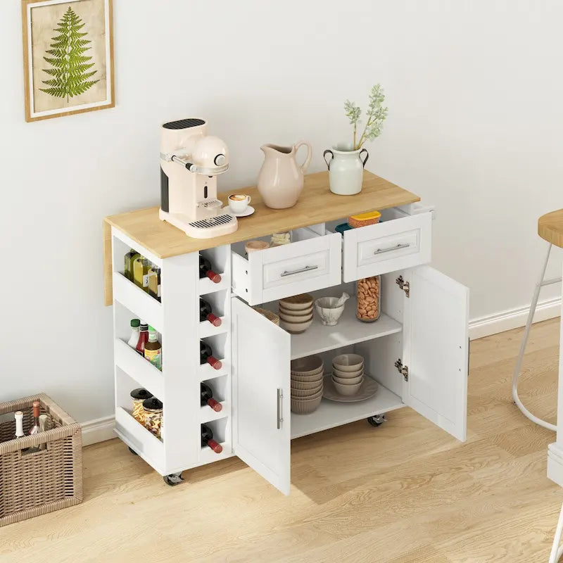 Rolling Kitchen Island Cart with 5-Slot Wine Rack Spice Rack 2 Drawers and 2-Door Cabinet