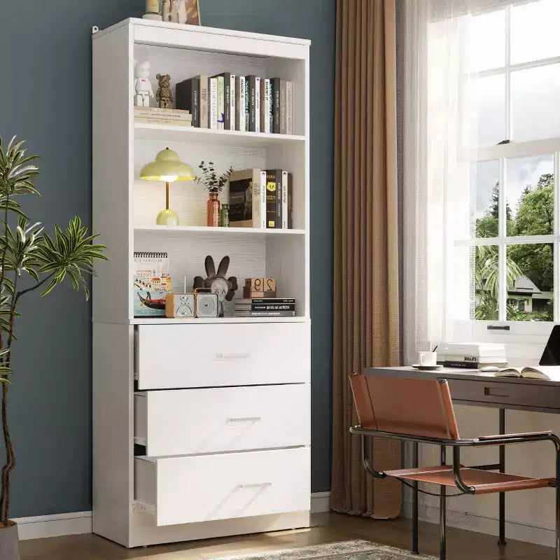71-Inch Tall Bookshelf with 3 Drawers and Open Shelves