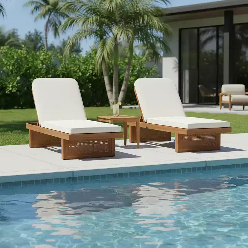 Christopher Knight Home Berenice Patio 3 Piece Acacia Wood Rattan Sunlounge Set with Cushion and Slatted Table