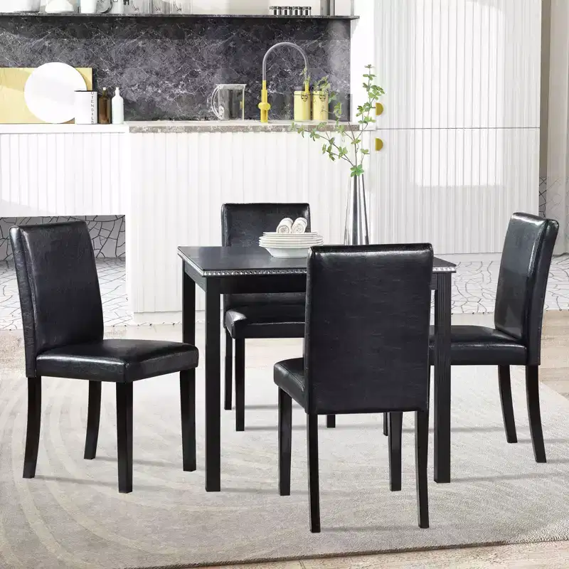 GDFStudio Jensen Modern 5 Piece Acacia Wood Faux Leather Upholstered Dining Chairs with Square Dining Table