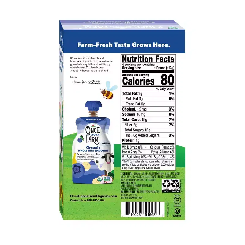 Once Upon a Farm Grassfed Banana Blueberry Whole Milk Smoothie - 16oz/4ct