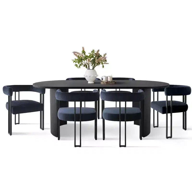 7-Piece Dining Table Set with Velvet Chairs, Modern Oval Black Table & Upholstered Armchairs with Metal Legs for Dining Room-Panipeachy