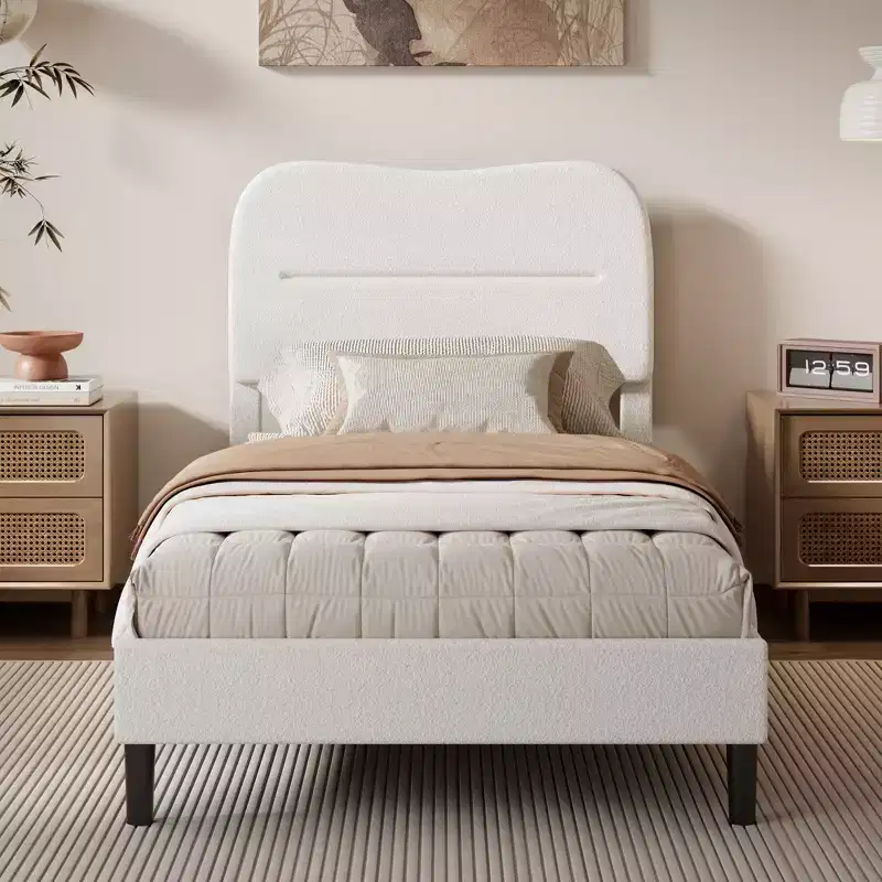 Modern Twin Bed Frame with White Teddy Boucle Upholstered Cloud Headboard Marshmallow Style Wood Slats Noise Free No Box Spring Needed Dorm