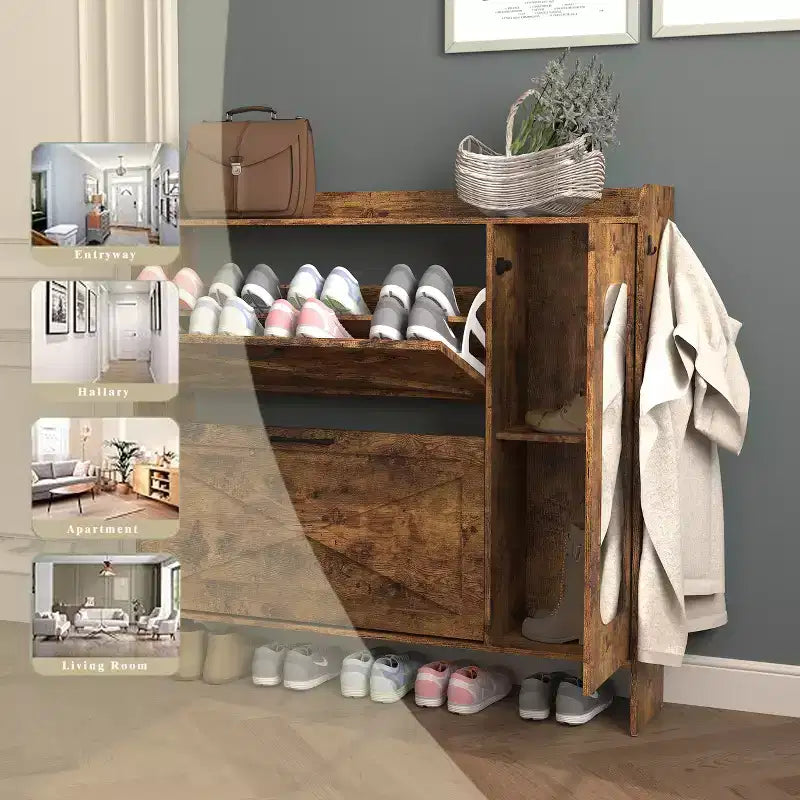 Shoe cabinet with 2 flip-top drawers, freestanding storage unit with metal legs, suitable for entryways, narrow shoe rack, country brown color