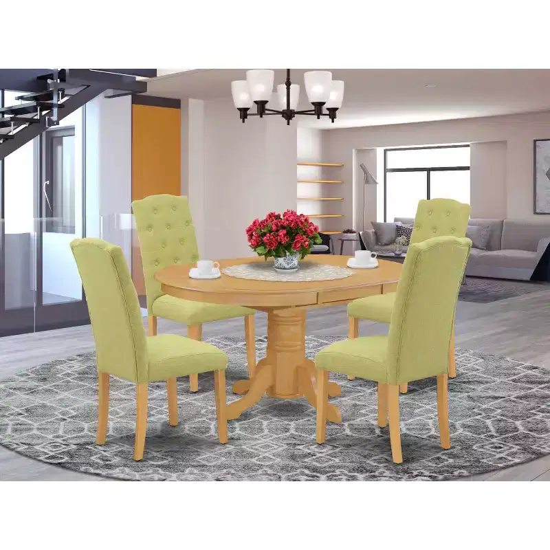 HomeStock 5-Piece Oval Natural Oak Finish Solid Wood Top Dining Table with 4-Parson Chair with Butterfly Leaf