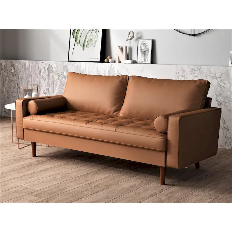 Mid-Century Modern Faux Leather Sofa with Track Arms