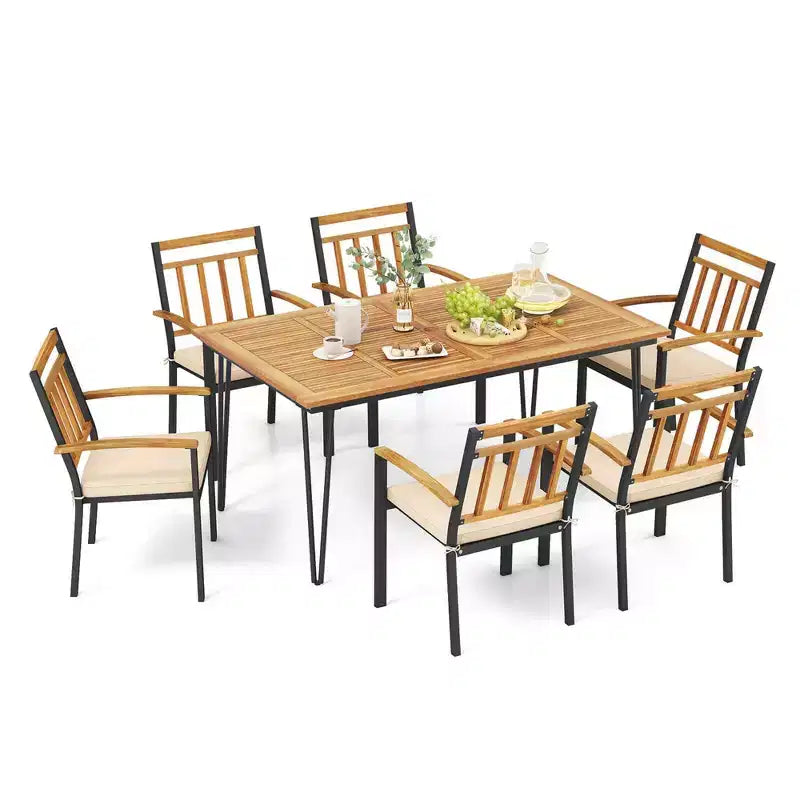 Costway 7 PCS Patio Dining Set with Acacia Wood Dining Table Rattan Armchairs Soft Cushions