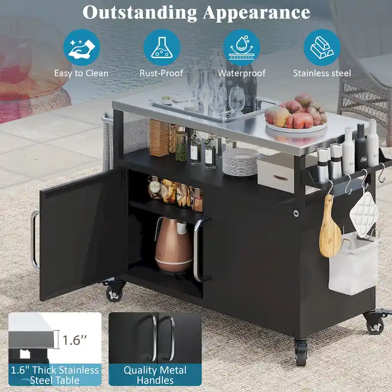 Outdoor Kitchen Island With Stainless Steel Tabletop,Metal Grill Cart Table With Storage Cabinet - N/A