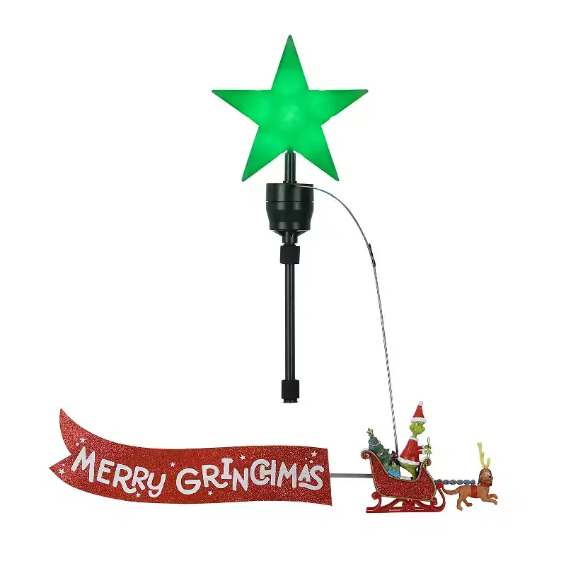 Mr. Christmas Animated Grinch Sleigh Tree Topper with Banner - Merry Grinchmas