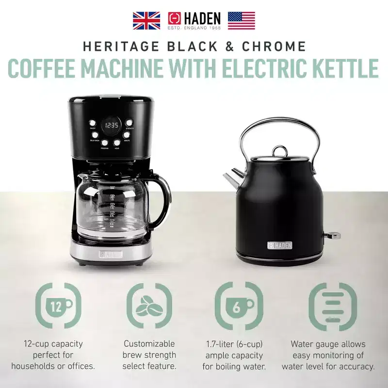 Haden Heritage Coffee Machine, 12 Cup Drip Coffee Maker Bundled with Heritage 1.7 Liter Stainless Steel Electric Kettle, Black & Chrome