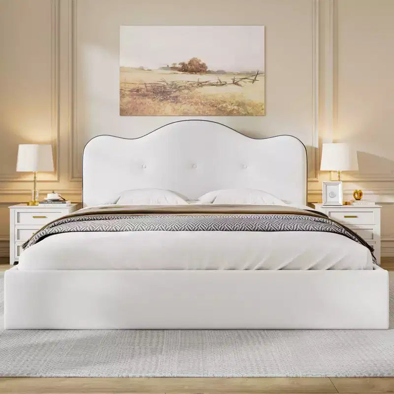 Queen/King Size Velvet Upholstered Platform Bed Frame with Padded Headboard, Beige - ModernLuxe