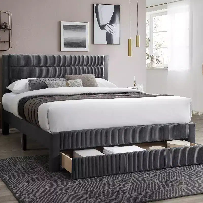 GDFStudio Bennett Modern Corduroy Upholstered Platform Bed with Channel Tufted Headboard and Storage Drawer