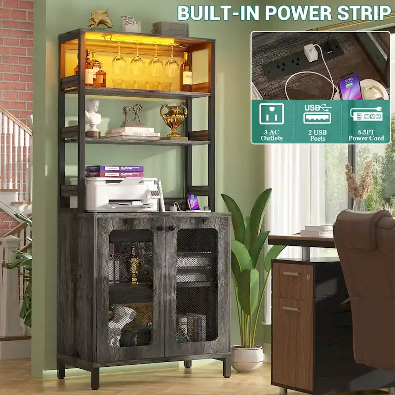 67-Inch Tall Wine Bar Cabinet with LED Lights, Glass Holder and Power Outlets