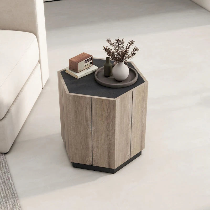 Oaks Aura Hexagonal Rural Style Garden Retro with Drawer, Corner Table, Bedside Table, Textured Black + Warm Oak