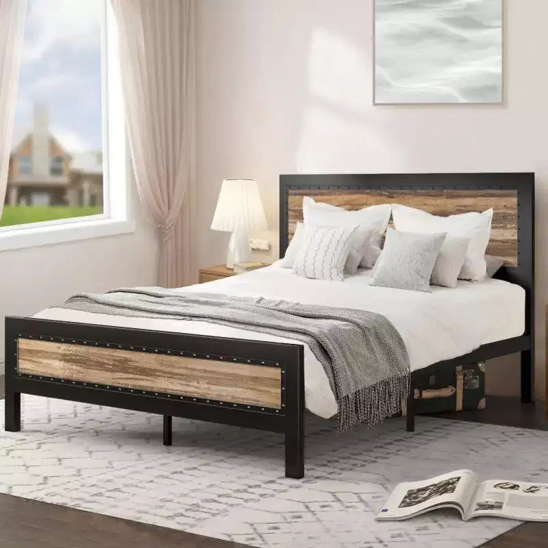 Heavy-Duty Platform Metal Bed Frame with Headboard, Unique Strip and Rivet Decoration