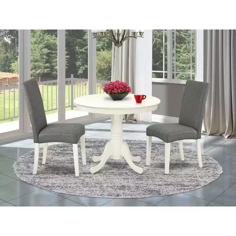 Round Dining Table Set 36 Inch - 3Pc Table & 2 Parsons Chairs - Linen White Legs - Gray Fabric