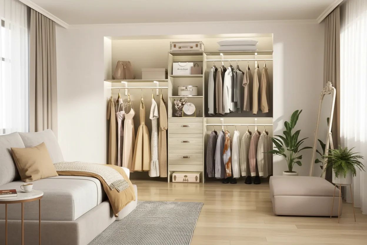 Closet System with 3 Hanging Rods, 3 Drawers and 3 Shelving Tower, 5-8FT Walk-in Closet Organizer
