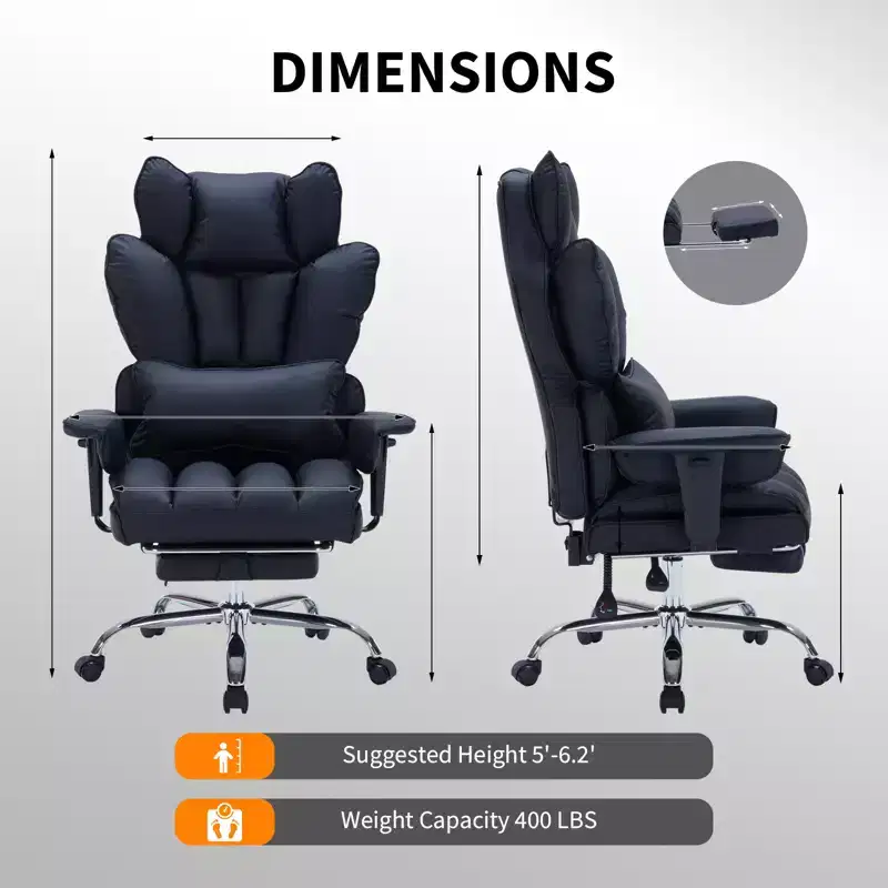 Big and Tall Office Chair w/Footrest, High Back Executive Desk Chair, 155ReclineLumbar Support Pillow, Faux Leather Gaming Chairs for Home