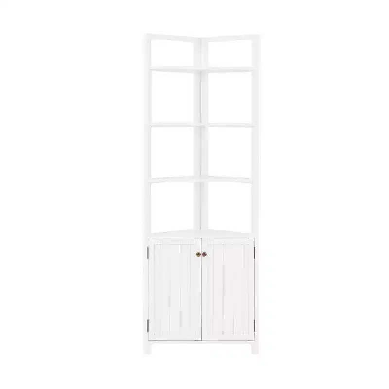 Corner Storage Cabinet with Two Doors and Open Shelving, White, 25