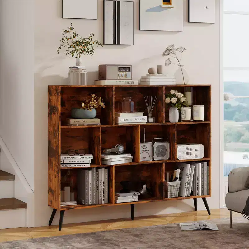 10 Cube Bookshelf, 3 Tier Floor Standing Open Display Shelf with Iron Legs