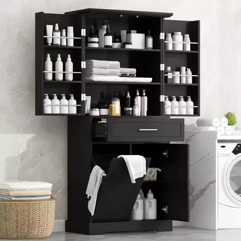 MDF Bathroom Storage Cabinet with Tilt-Out Laundry Hamper and Adjustable Shelf, 71.7