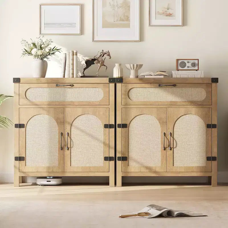 Garvee Rattan Sideboard Buffet Cabinets with Storage, Farmhouse Kitchen Accent Storage Cabinet with Drawer for Dining Room, Living Room, Hallway