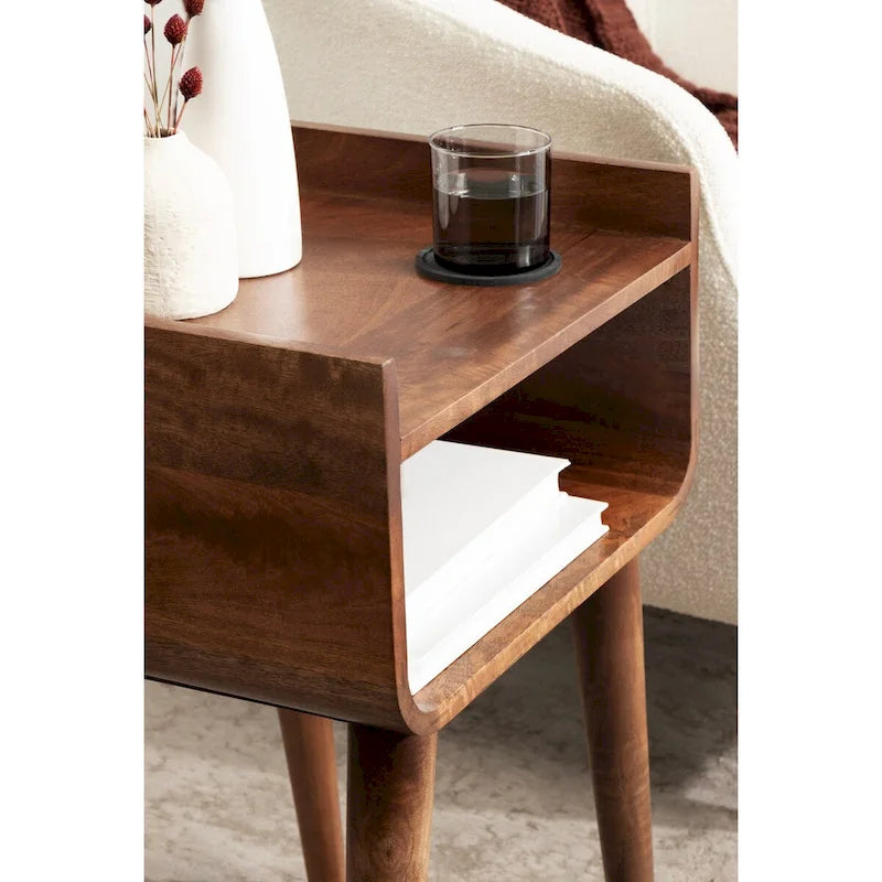 Mid-Century Modern Solid Wood Side Table with Open Shelf, Walnut Brown - 18x14x27