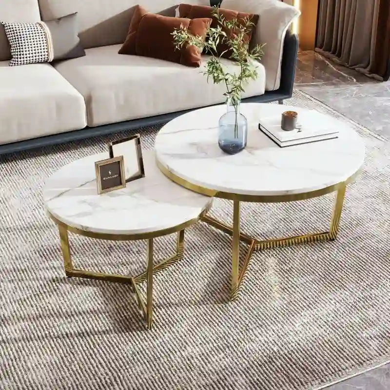 2Pcs Modern Round Nesting Coffee Table Set with Marbling Top Design and Gold Base