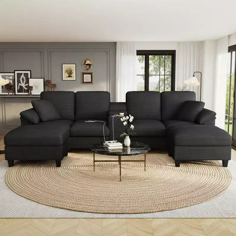 Polibi U-Shaped Corduroy Sectional Sofa with Hidden Storage Ottomans, USB Console & Cup Holders