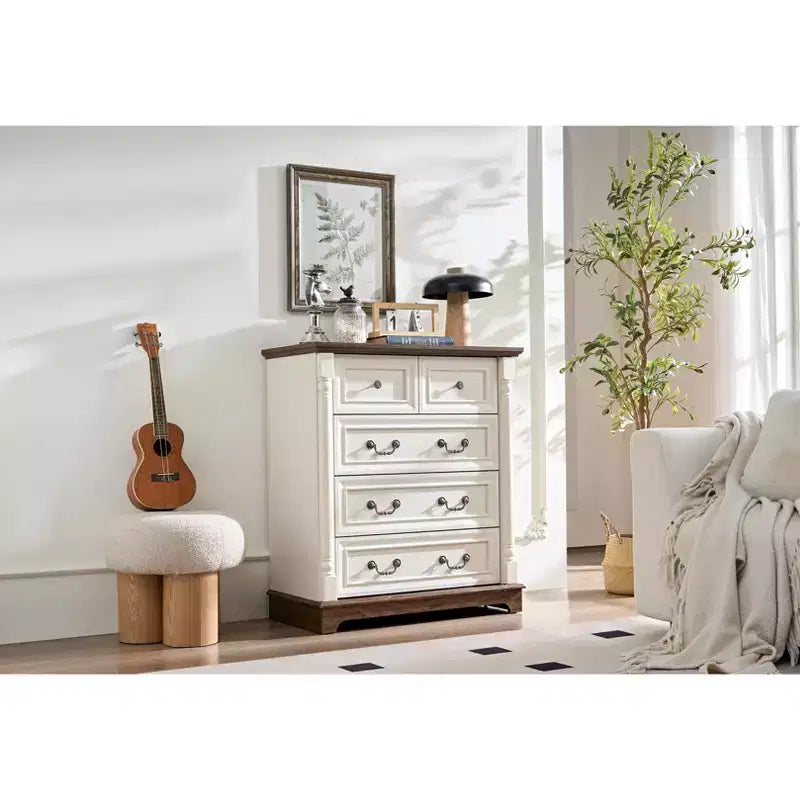 Chest of Drawers, Farmhouse Style 5 Drawer Dresser, Wooden Rustic Large Capacity Nightstand Cabinet for Home Office, Living Room, Bedroom