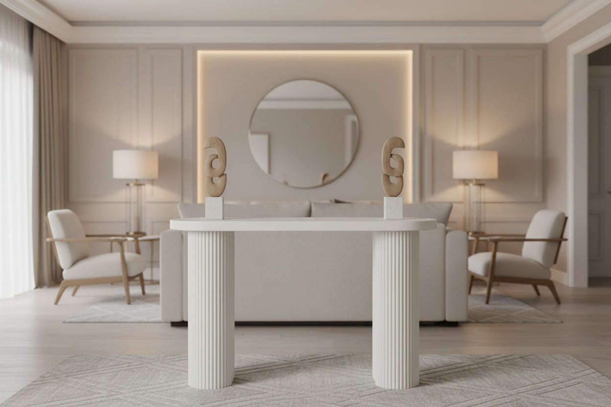 Metal Handmade Oval Console Table with Ribbed Legs - White