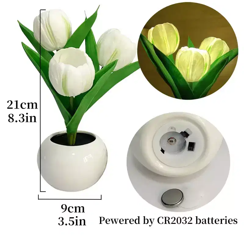 Tulip Night Light, LED Simulation Tulip Night Light Bouquet 3 Heads with Ceramic Vase Bedroom Bedside Lamp for Home Living Room Desktop Decor
