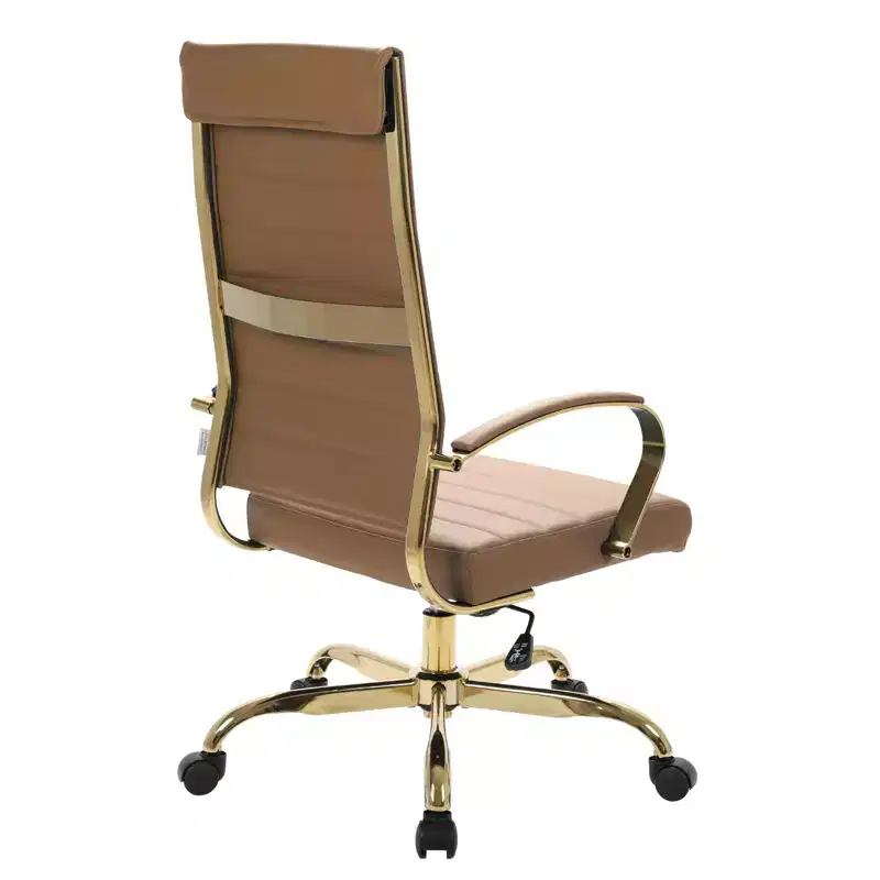 LeisureMod Benmar High-Back Ribbed Leather Office Chair - Modern Swivel & Tilt Executive Desk Chair - Gold Base