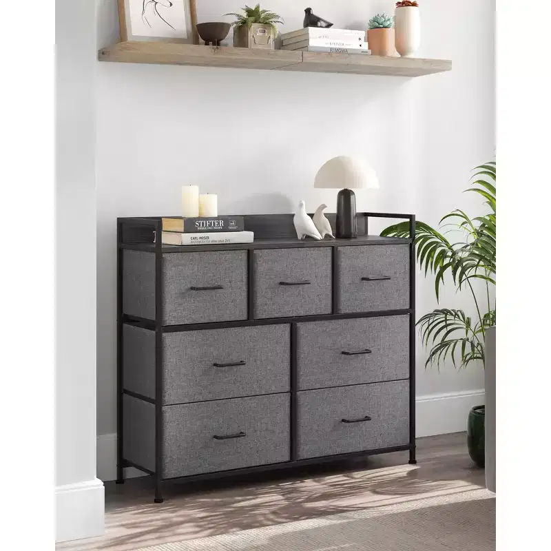 Dresser for Bedroom, Chest, Clothes Organizer Storage Unit 7 Fabric Drawers with Handles, 11.8D x 31.5W x 28H, Gray