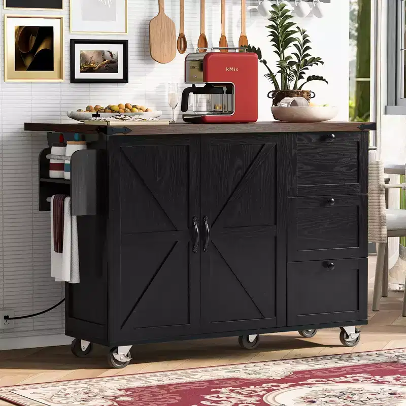 54.5 Farmhouse Rolling Kitchen Island with Power Outlet, Kitchen Storage Cart with Internal Storage Rack, Drop Leaf, Spice Rack