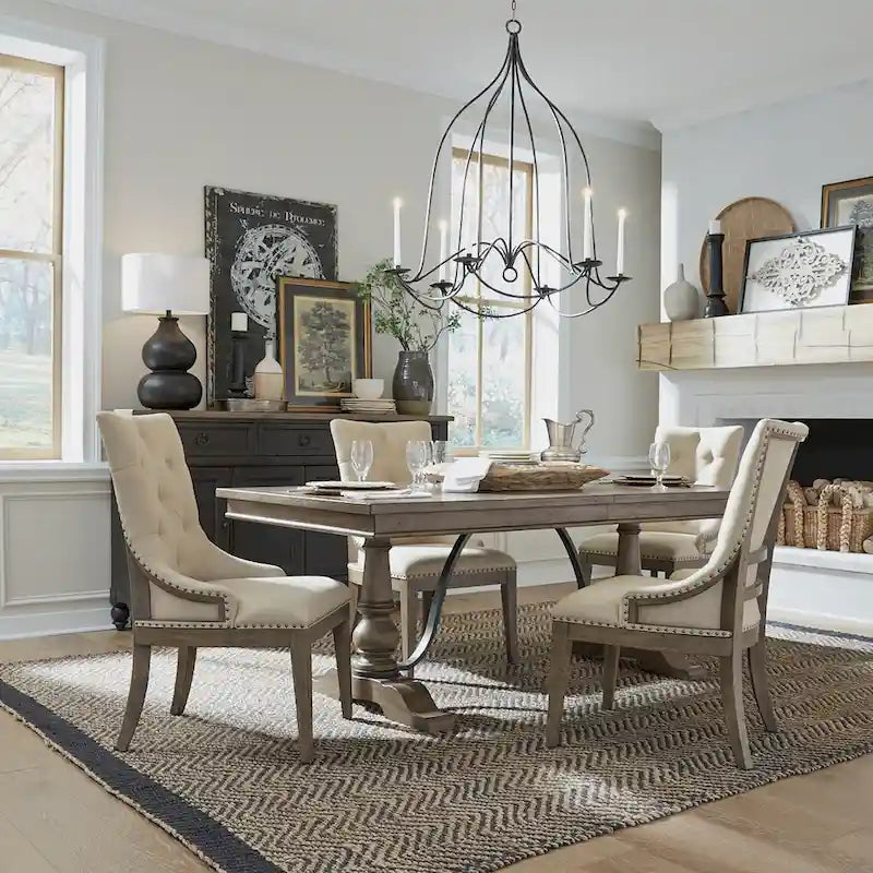 Americana Farmhouse Dusty Taupe Trestle Table Set with Dining Chairs Various Options