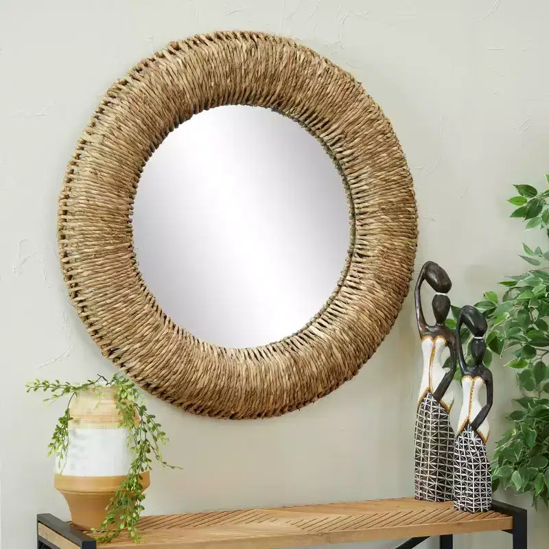 Dried Plant Coiled Weaved Frame Wall Mirror Brown - Olivia & May: Boho Style, Round Shape, No Assembly Required