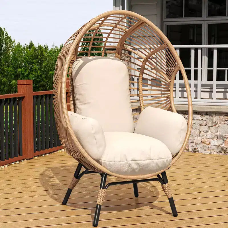 Whisen Outdoor Arc Back Hanging Egg Chair, Patio PE Rattan Swing Chair with Cushion - Natural
