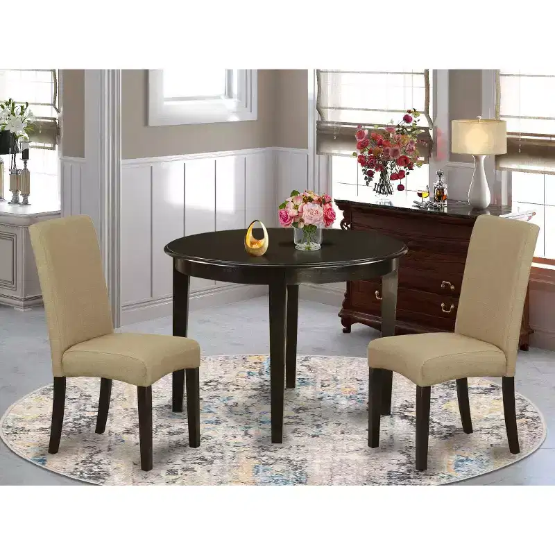Round Dining Table Set 3pc - 42 Table & 2 Parsons Chairs - Linen Fabric - Cappuccino Finish