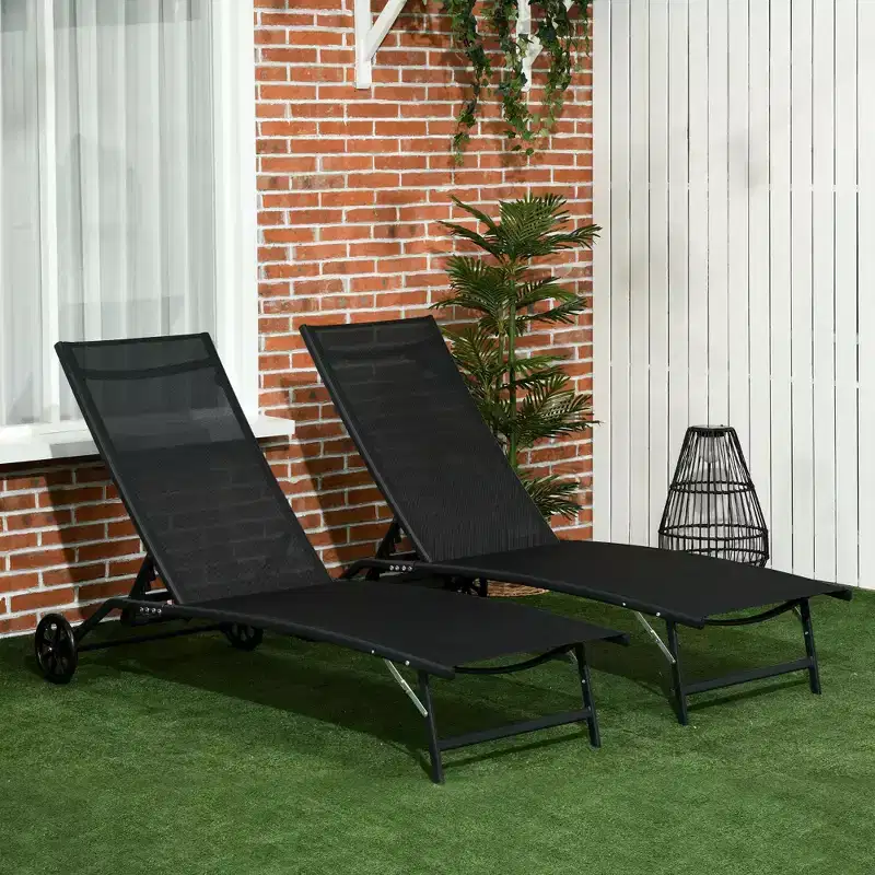 Outsunny Patio Chaise Lounge Chair Set of 2, 2 Piece Outdoor Recliner with Wheels, 5 Level Adjustable Backrest for Garden, Deck & Poolside