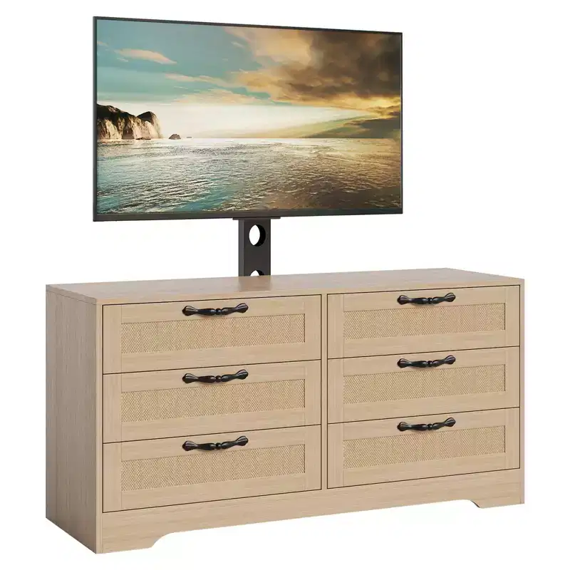 TV Stand with Mount, 47.2 Modern Entertainment Center 6-Drawer Rattan Dresser for 32-85 Inch TVs, Media Console Table with Storage for Living Room